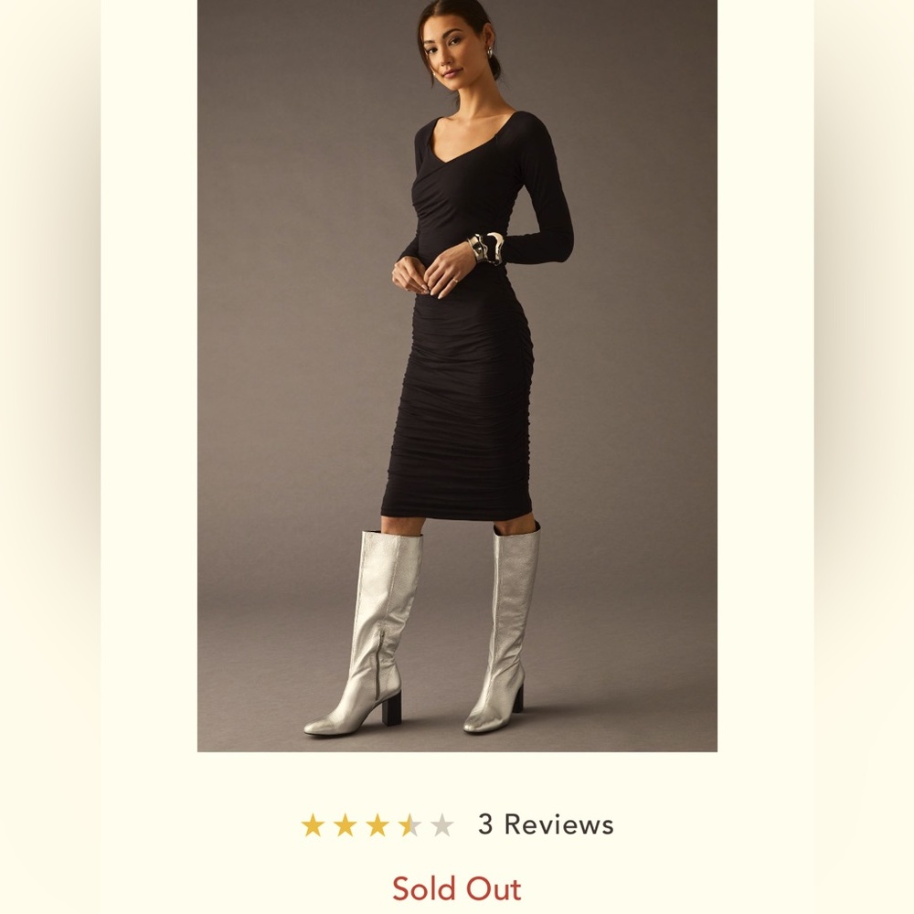 Graham & Spencer Tori dress; stretchy, fitted, ruched with soft dramatic v-neck.